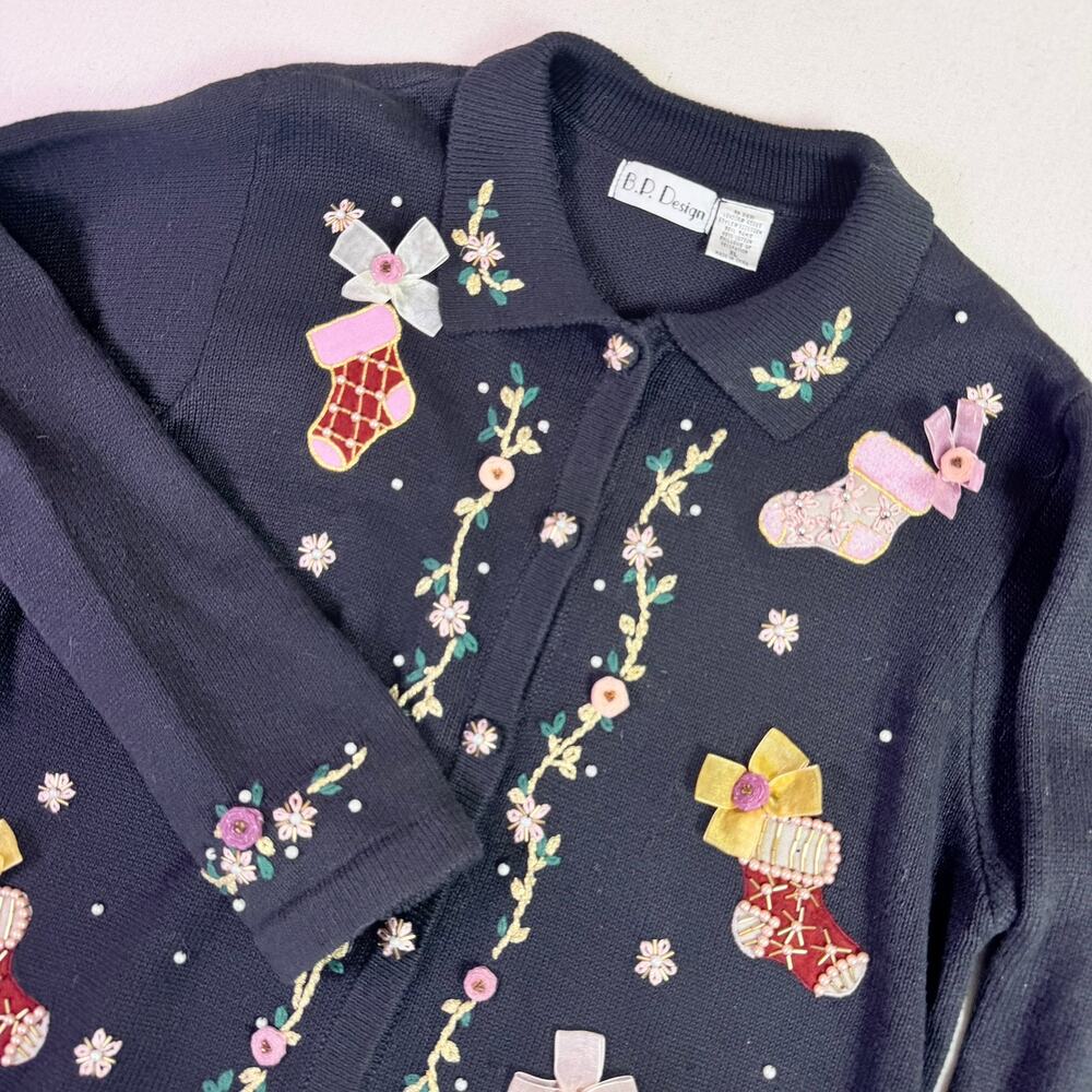 Vintage Christmas Stockings Bows Embroidered Beaded Novelty Cardigan Women's XL